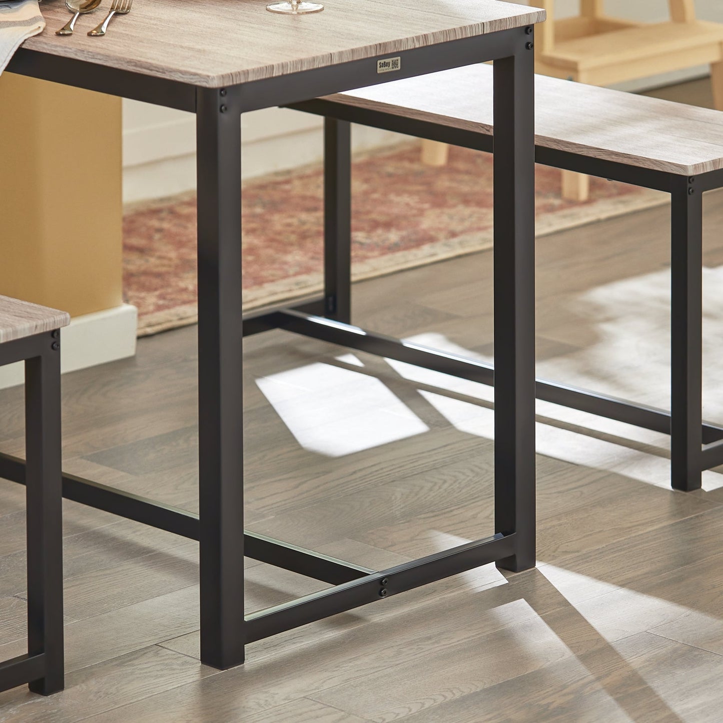 SoBuy 3-Delige Eettafelset OGT25-HN - 2 Banken 1 Eettafel - MDF met Metalen Poten - 110 x 74 x 58 cm - Natuur/Zwart