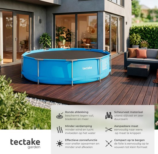 tectake® Zwembad Afdekzeil - Rond Ø 381 cm - Noppenfolie - Zwembadafdekking - Zonnefolie - Warmtefolie - Zwembadverwarming - Zelfdrijvend - Op maat te snijden - Zwart