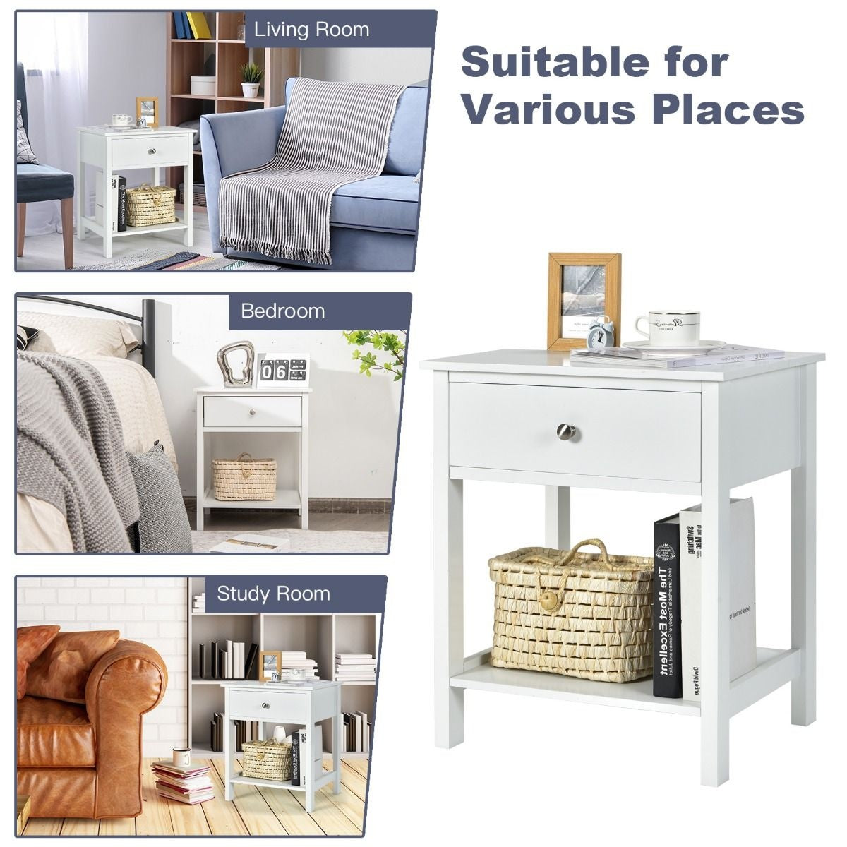 Coast bedtafel 2-fasen nacht dressoir van moderne nachtkastje met lade wit