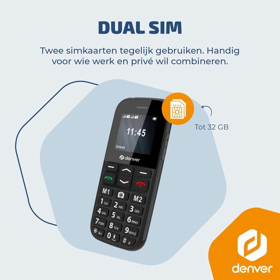 Denver Senioren Mobiele Telefoon 4G - Grote Toetsen - SOS knop - Smartphonevrij opgroeien - Oplaadstation - GSM - Bluetooth - FM Radio - Volledig NL en FR - Model 2026 - BAS18800L