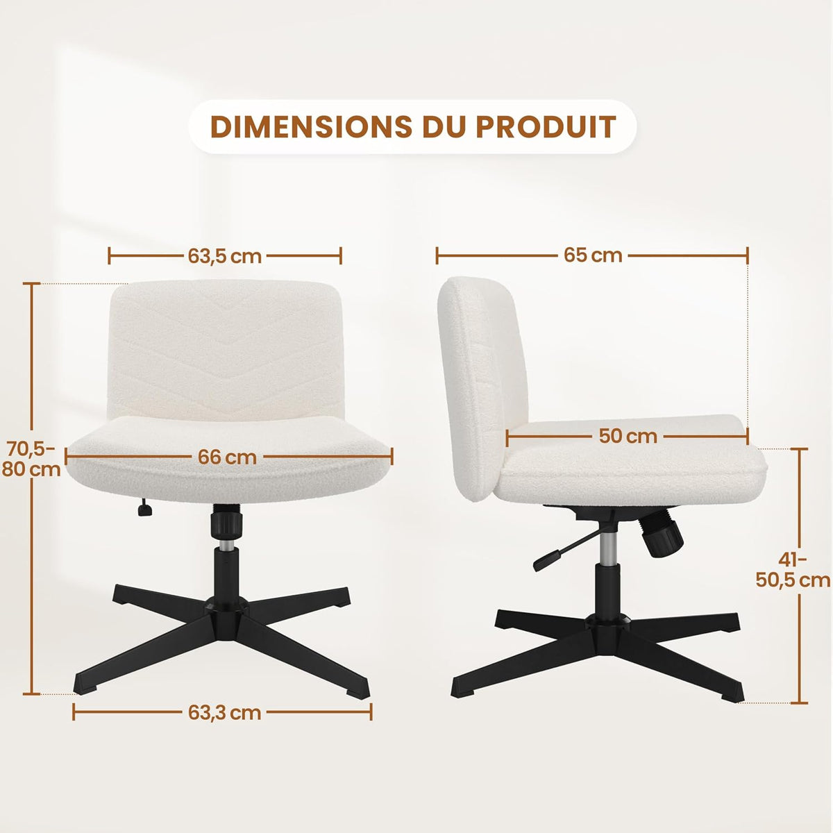 Yaheetech Ergonomische Bureaustoel - Ivoor - Bouclé - Verstelbare Zithoogte - 360° Draaibaar - Kruisvoet