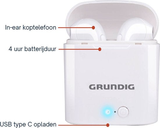 Grundig Draadloze Oordopjes - Bluetooth In Ear Oordopjes 400mAh - Oortjes Draadloos met 2 Uur Afspeeltijd - Earbuds voor Hands Free Bellen - Incl. Oplaadcase USB-C Oplaadkabel