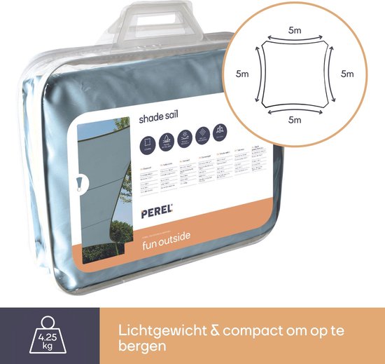 Perel Schaduwdoek - Polyester - UV-beschermend & Waterafstotend - 5x5m - Lichtgrijs