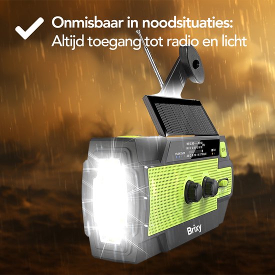 Brixy Noodradio - Radio Met Accu Batterij Voor Noodsituaties - 4000 MAH - Opwindbaar - Solar - Zaklamp - Powerbank - Groen