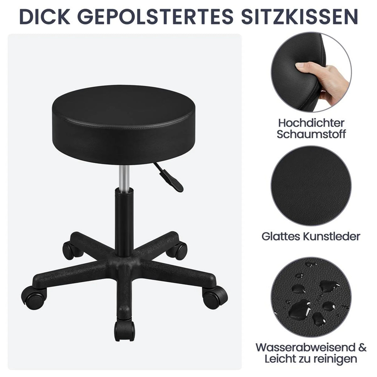 Yaheetech Barkruk In Hoogte Verstelbaar – Voorzien Van 10 cm Dik Zitkussen En 360° Draaifunctie En Stervoet Met Wielen – Voor Kantoor Studio En Keukeneiland – Zwart Kunstleer En Metaal – 50 x 50 x 46 – 61,5 cm