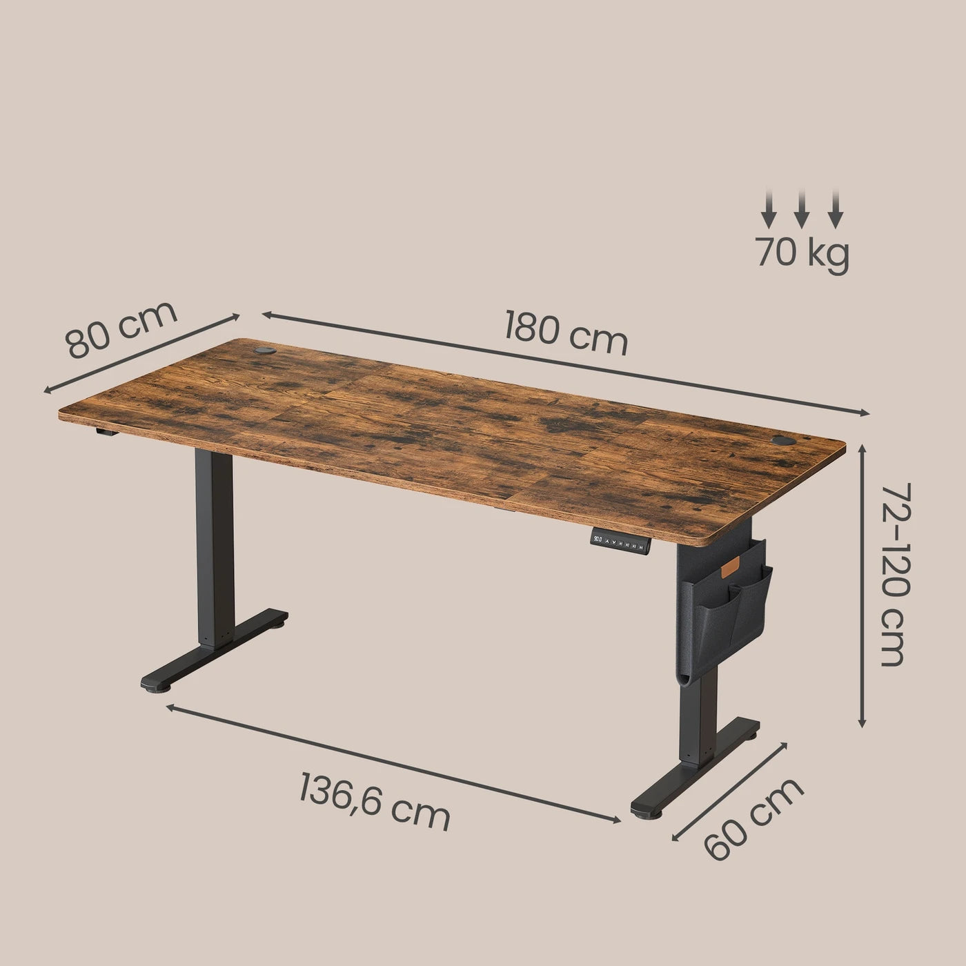 JOYFURNOS Elektrisch Verstelbaar Bureau 180 x 80 cm - 72-120 cm - Vintage Bruin & Zwart - Geheugenfunctie - 70 kg