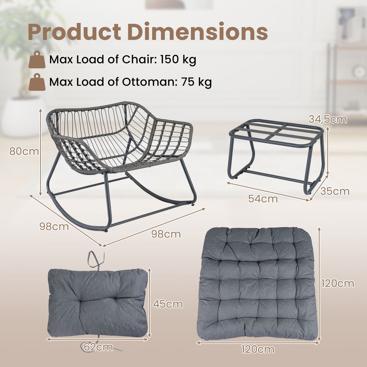 Coast Schommelstoel met voetenbank - ergonomisch ontwerp - PE-rattan en metalen frame - zwart/grijs/beige