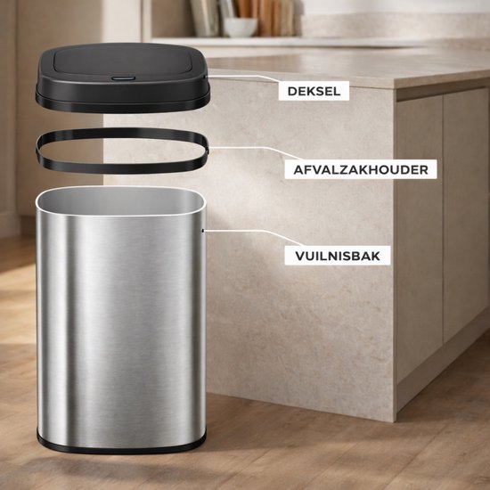 Bayt Prullenbak - Prullenbak 60 Liter - Vuilnisbak - Afvalbak - Metaal - Zilver