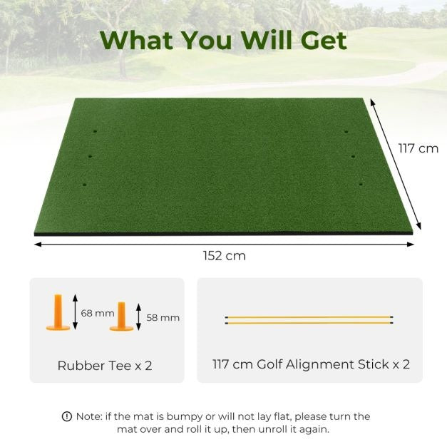 Coast Golf Tee Mat – Inclusief 2 Rubberen Tees & 2 Uitlijnstangen – 6 Tee Posities – 152 x 117 cm – Groen