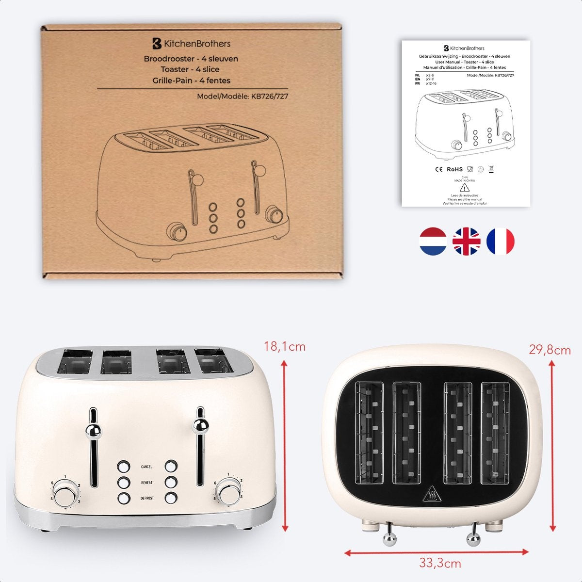 KitchenBrothers Retro Broodrooster - Toaster - 6 Warmteniveaus - 4 Extra Brede Sleuven - 1630W - Beige