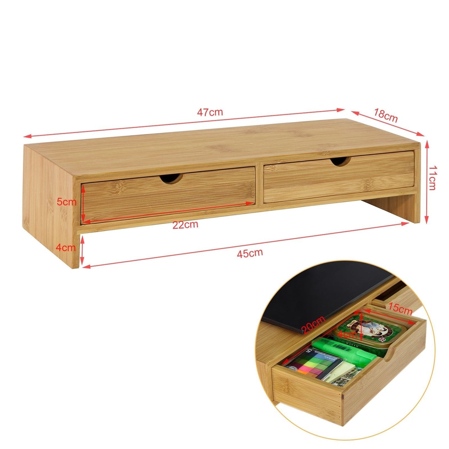 SoBuy FRG198-N Monitorstandaard - 2 Laden - 18 x 45 x 11 cm - Bamboe