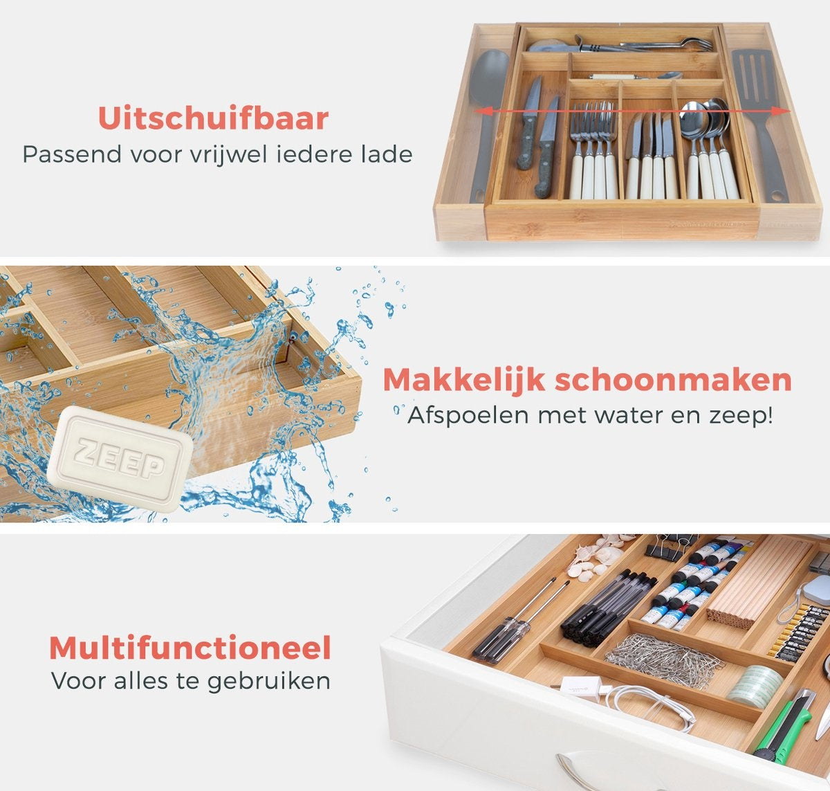 KitchenBrothers Bestekbak - Verstelbare Besteklade - 30 tot 44.5cm - Bamboehout