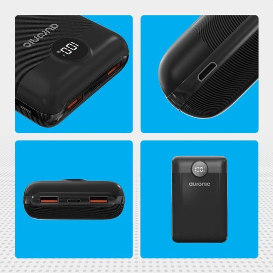 Auronic Powerbank - Geschikt voor iPhone 12/13/14/15 en Samsung S21/S22/S23 - 20.000 mAh - 22.5W - 3 Oplaadpoorten - Snelladen via USB-A en USB-C - Zwart
