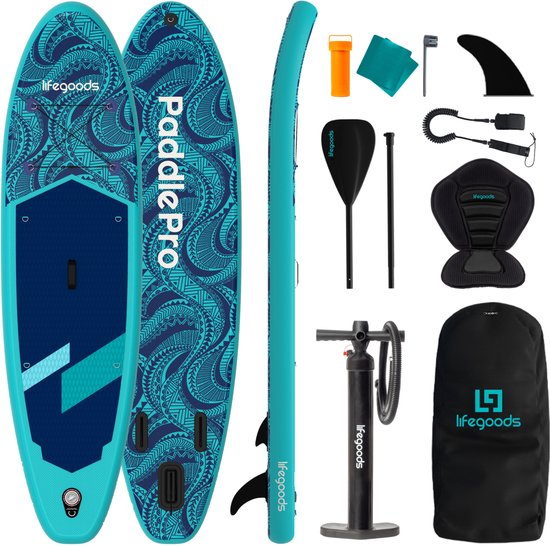 LifeGoods SUP Board Allround Compact - met Zitje - 100 KG Draagkracht - 300 x 76 cm - Opblaasbaar - Compleet SUP pakket - Blauw