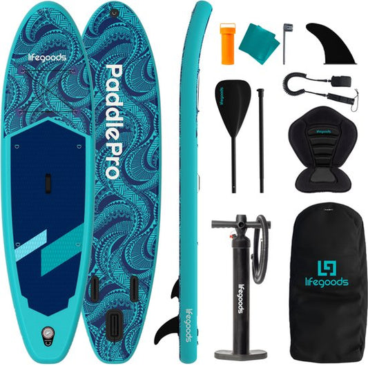 LifeGoods SUP Board Allround Compact - met Zitje - 100 KG Draagkracht - 300 x 76 cm - Opblaasbaar - Compleet SUP pakket - Blauw
