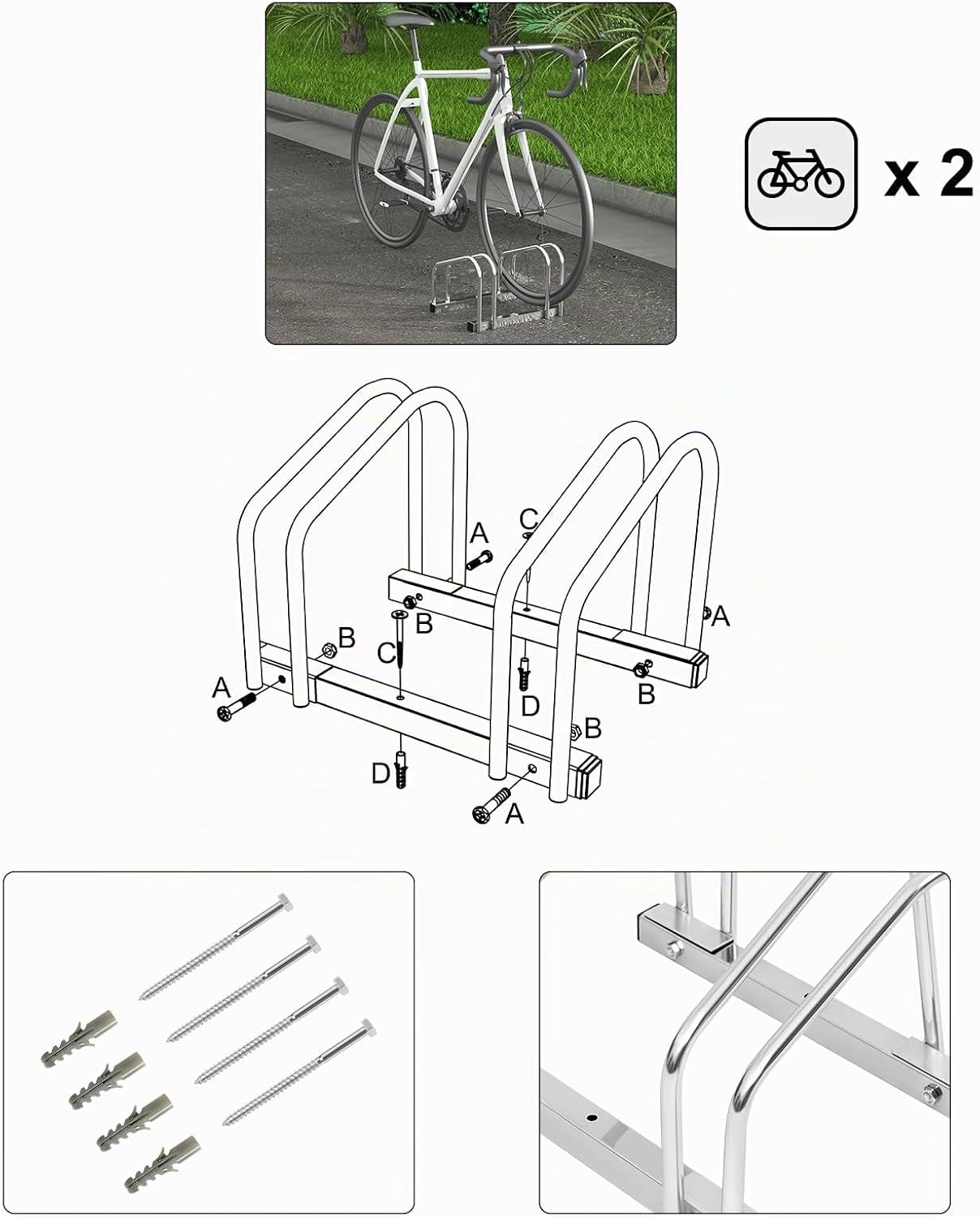 WOLTU Fietsenrek Voor 2 Fietsen – Robuust Stalen Fietsenstandaard Voor Vloer- En Wandmontage – Geschikt Voor Bandbreedtes Van 35-55 mm – Zilver/Zwart – Ø 16 mm