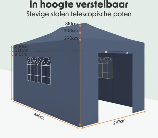 LifeGoods Partytent - Paviljoen - Easy Up - Opvouwbaar - Met Zijwanden - Waterdicht - Met Draagtas met Wieltjes - 297 cm x 440 cm – Beige