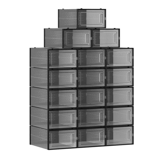 Songmics Opvouwbare Schoenendozen 18 stuks - 33,3 x 23 x 14 cm – Zwarte Kunststof Opbergboxen Met Deurtje