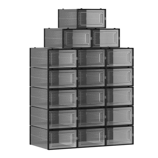 Songmics Opvouwbare Schoenendozen 18 stuks - 33,3 x 23 x 14 cm – Zwarte Kunststof Opbergboxen Met Deurtje