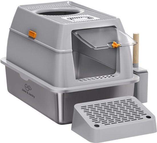 Jake en Jacky RVS Kattenbak Hop In - Kattentoilet Roestvrijstaal - Incl. Kattenbakschep met Houder en Gritopvang Opstapje - Top Entry - 3 in 1 Open Kattenbak met Afneembare Deksel - 60x40x38cm - Grijs