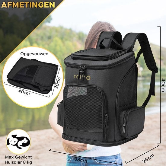 Toivo Hondenrugzak - Dieren Draagtas - 40 x 33 x 26 cm - Zwart - Tot 8kg - Katten Rugzak - Transport - Reistas Kat - Honden Draagtas
