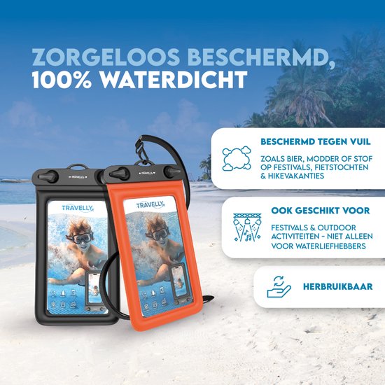 Travelly ® – Waterdicht Telefoonhoesje Set van 2 – Universeel Onderwater Hoesje voor Smartphone – Geschikt voor alle telefoons – Drybag – Voor Vakantie, Zwemmen & Watersport – Zwart/Oranje