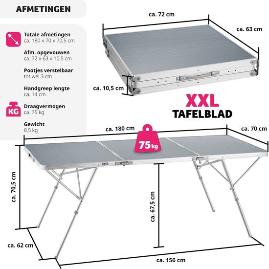 tectake® - Kampeertafel campingtafel Jumbo inklapbaar - Aluminium frame - 180 x 70 x 70,5 cm