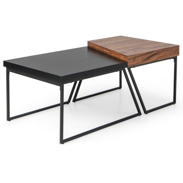 Set van 2 Salontafels Moderne Zwart en Bruin Stapelbare Bijzettafel met Gepoedercoate Metalen Poten Trapeziumvormige Nesttafel