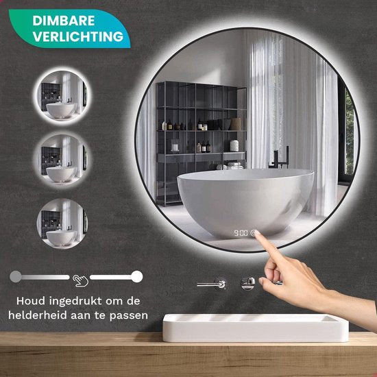 Mirlux Badkamerspiegel met LED Verlichting & Verwarming – Wandspiegel Rond – Anti Condens Douchespiegel - Mat Zwart - 60CM
