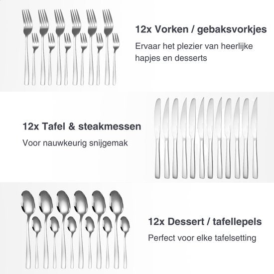 Deleca 12 Persoons Bestekset Essential (72-delig) - Lepels, Messen, Vorken, Steakmessen & Gebaksvorkjes - Vaatwasserbestendig Bestek - Glanzend Zilver / Edelstaal