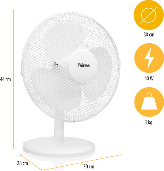 Tristar Tafelventilator 30 cm – 3 Snelheden – 85° Oscillatie – Verstelbare Luchtstroom – VE-5724 – Wit