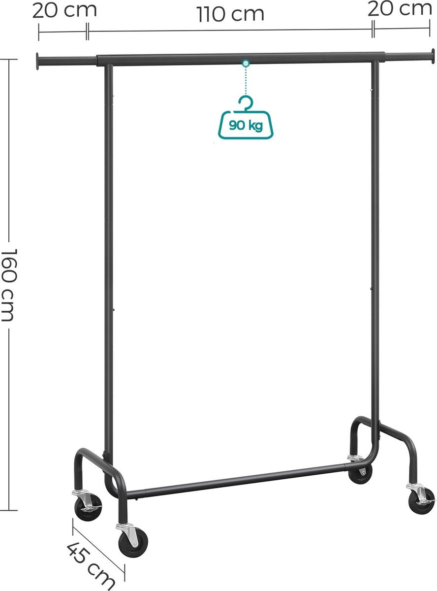 O'DADDY® Kledingrek op wieltjes - Garderoberek - Uitschuifbare Hangstang - Stevig Ontwerp - Stabiel tot 130kg- Metaal - Zwart