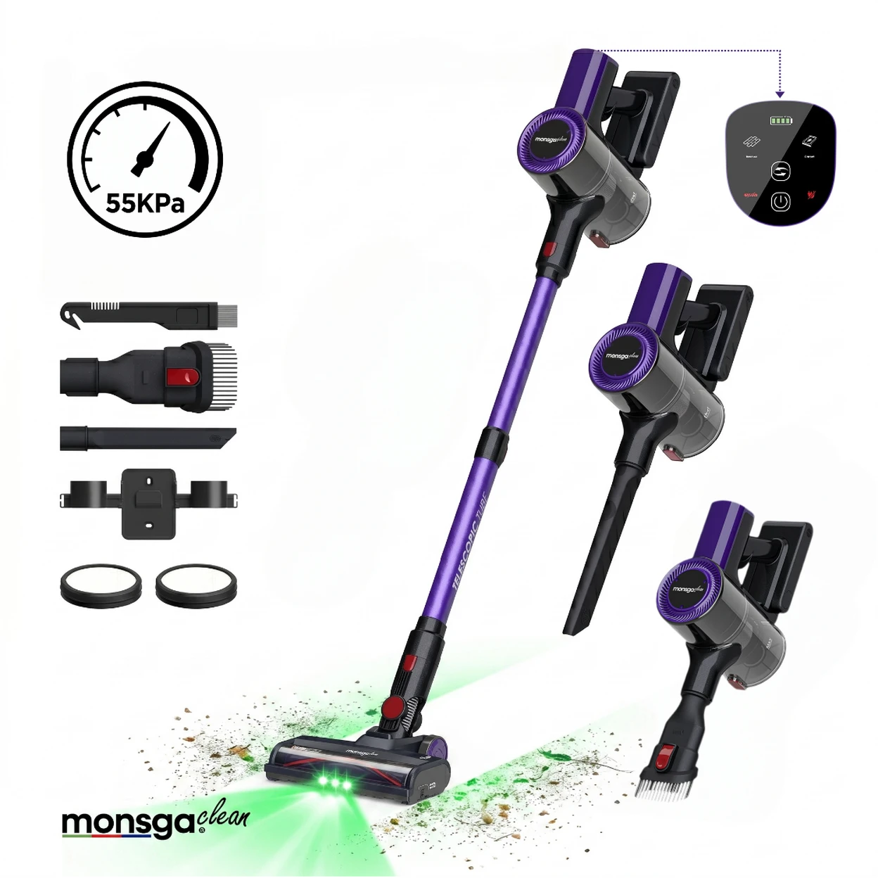 Monsga M100 Draadloze Steelstofzuiger 55.000 Pa - 45 Min Gebruiksduur - 1,8 L Stofreservoir - LED-touchdisplay - Anti-klit Borstel - Groen LED-licht