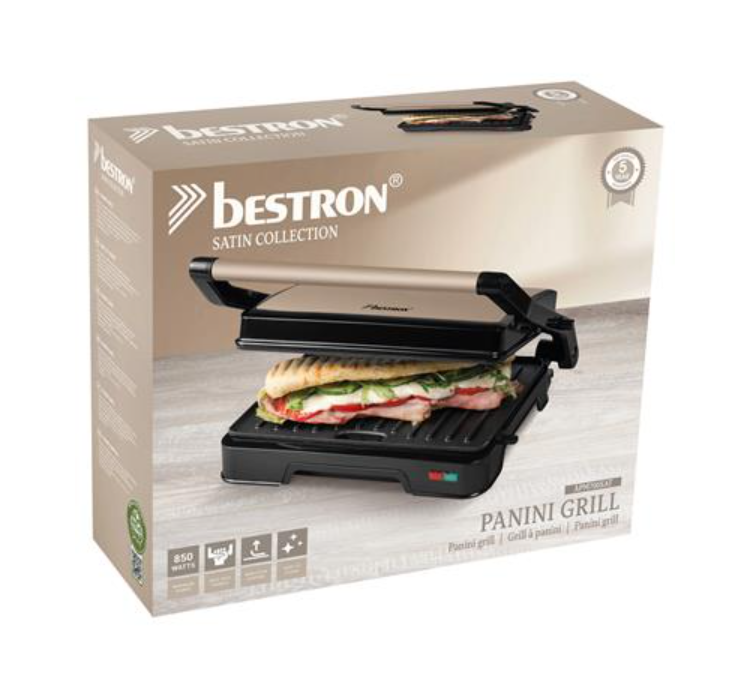 Bestron APM700SAT Panini Grill - 850 W - 23 x 14,5 cm - Antiaanbaklaag - 28,3 x 23,6 x 7,8 cm - Zwart