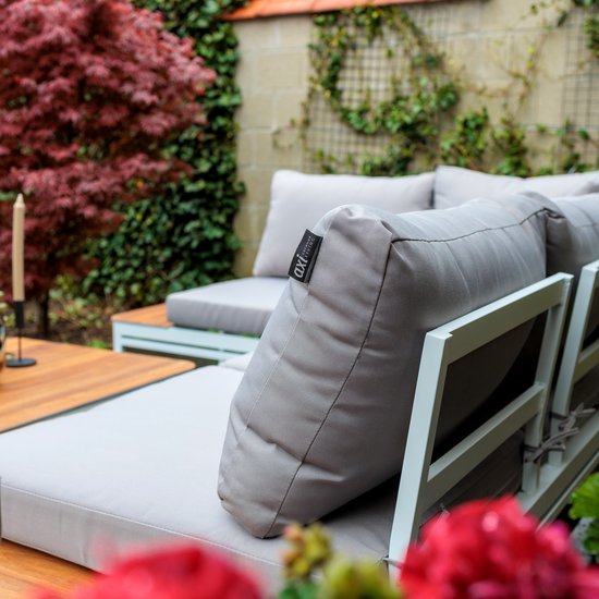 AXI Eos Loungeset met ligbed Wit met Hout-look PSPC – Hoekset met tafel - Gepoedercoat aluminium frame – Geïntegreerd ligbed - PSPC tafelblad