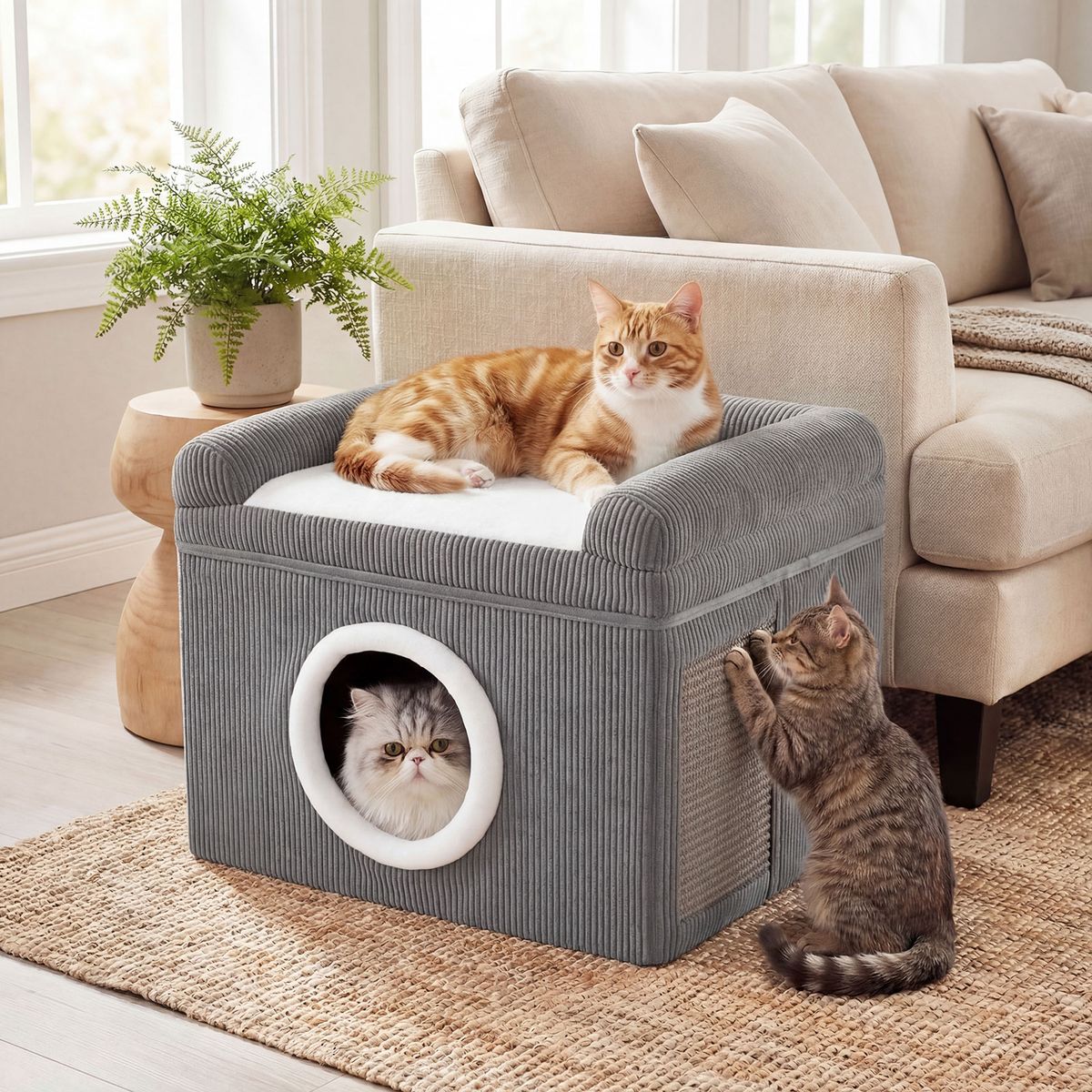 Coast Opvouwbaar Kattenhuis - met sisal krabmat - zacht kussen en verhoogde randen - grijs