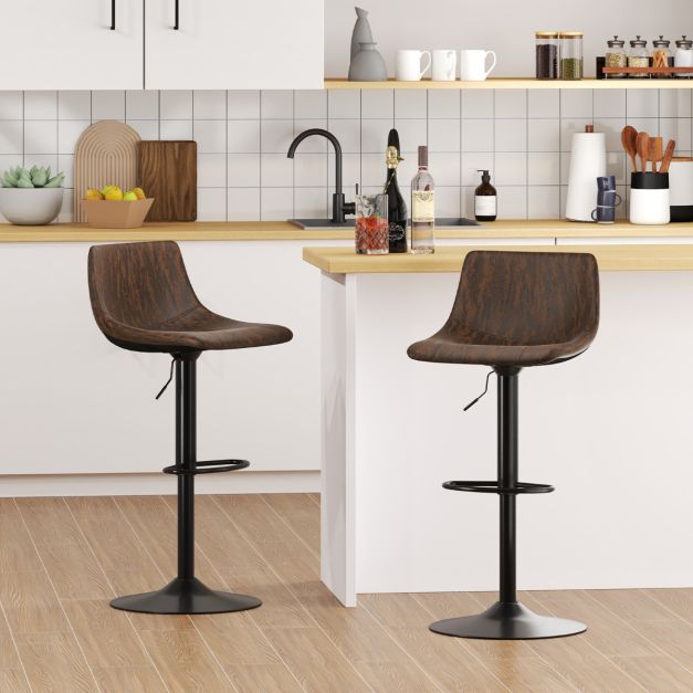 Set van 2 barkrukken rustiek bruin, verstelbaar 83-105 cm, 360° draaibaar met fluwelen kussens en metalen frame