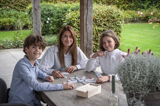 Domino Dubbel 12 Mexican Train – 91 Stenen met Gekleurde Ogen – Houten Kist met Schuifdeksel – Inclusief Station & Treinen – Strategisch Familiespel – Engelhart