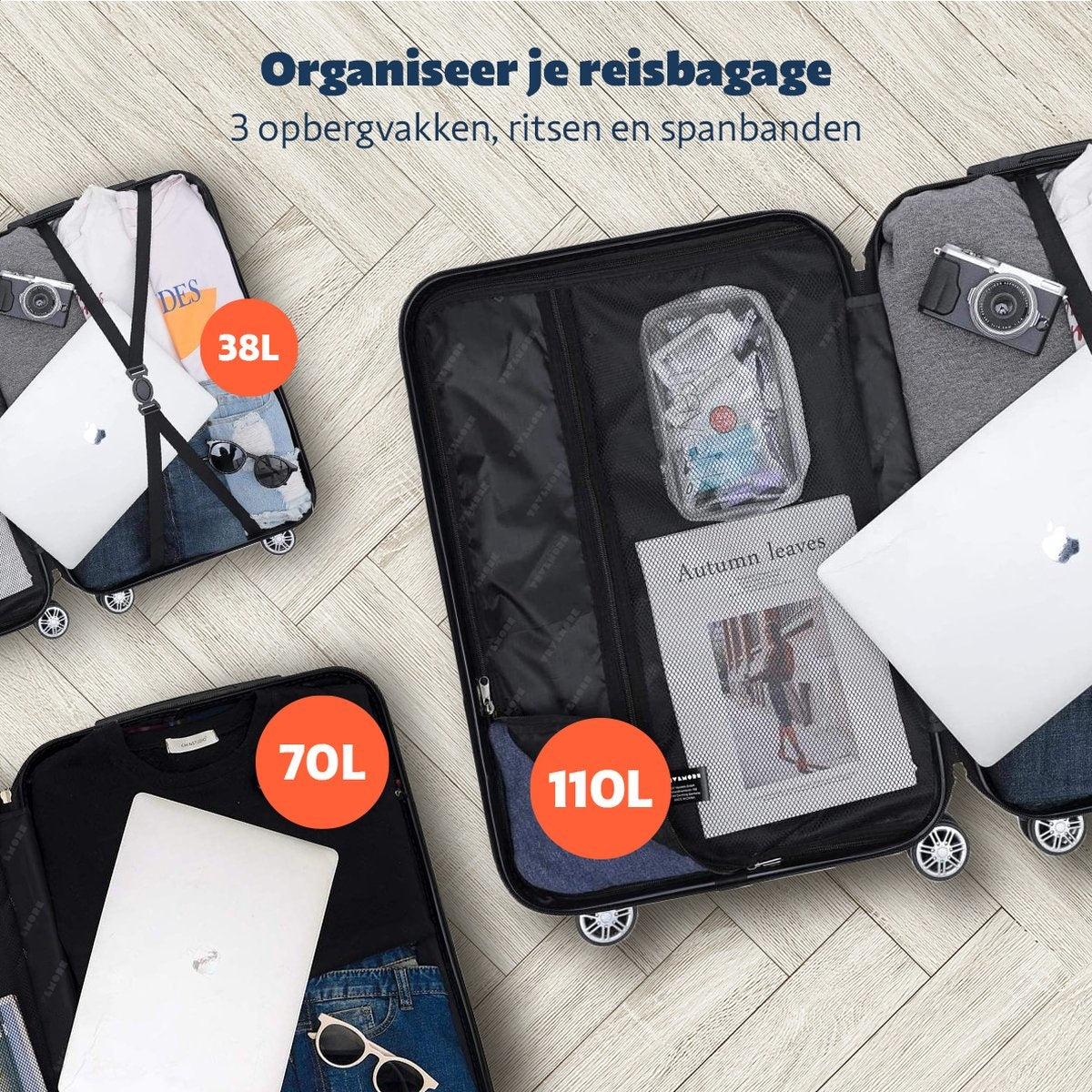 TRVLMORE Kofferset - 3 Delig - Complete Set - 38L Handbagage + 70L en 110L Ruimbagage - Zwart