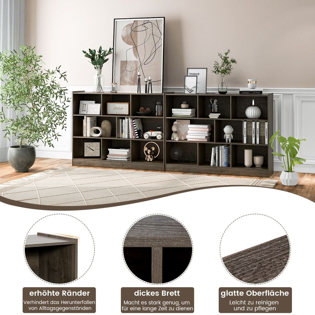Coast Boekenkast Grijs – Open 3-Laags Opbergrek met 8 Vakken – 122 x 32 x 93 cm