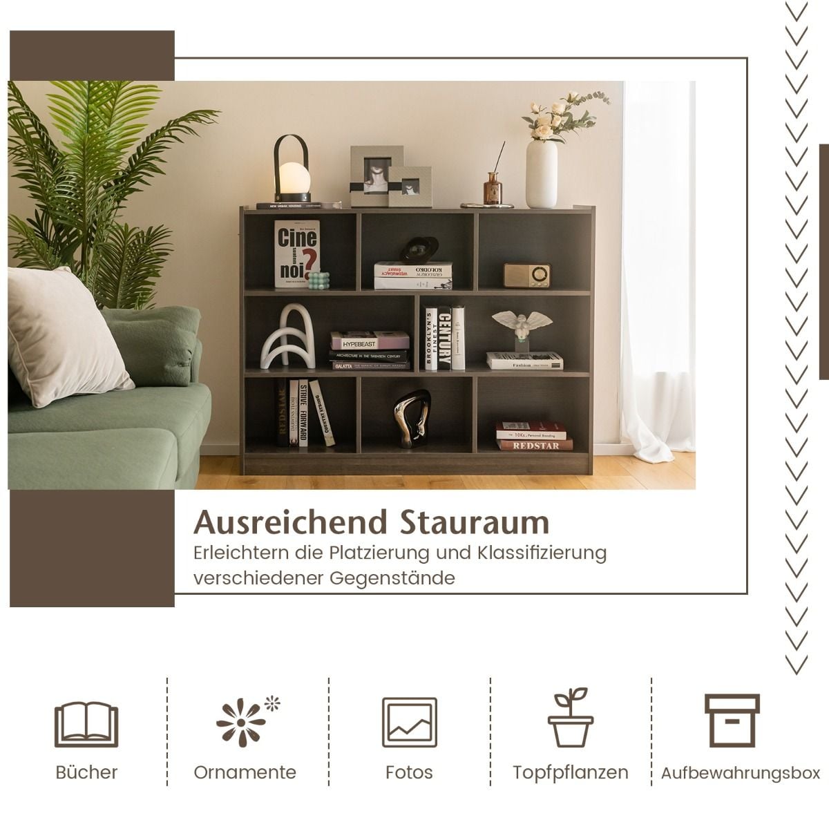 Coast Boekenkast Grijs – Open 3-Laags Opbergrek met 8 Vakken – 122 x 32 x 93 cm