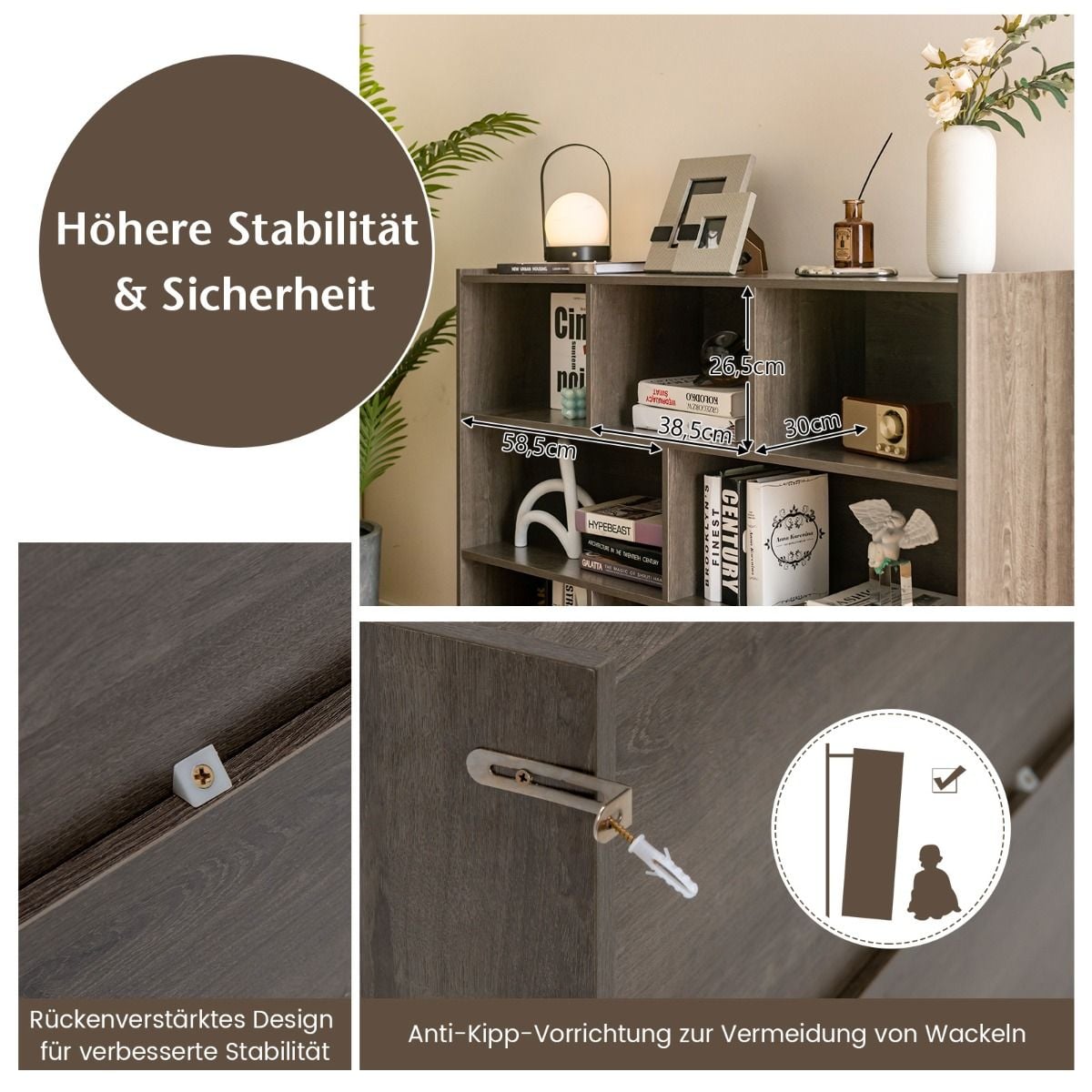 Coast Boekenkast Grijs – Open 3-Laags Opbergrek met 8 Vakken – 122 x 32 x 93 cm