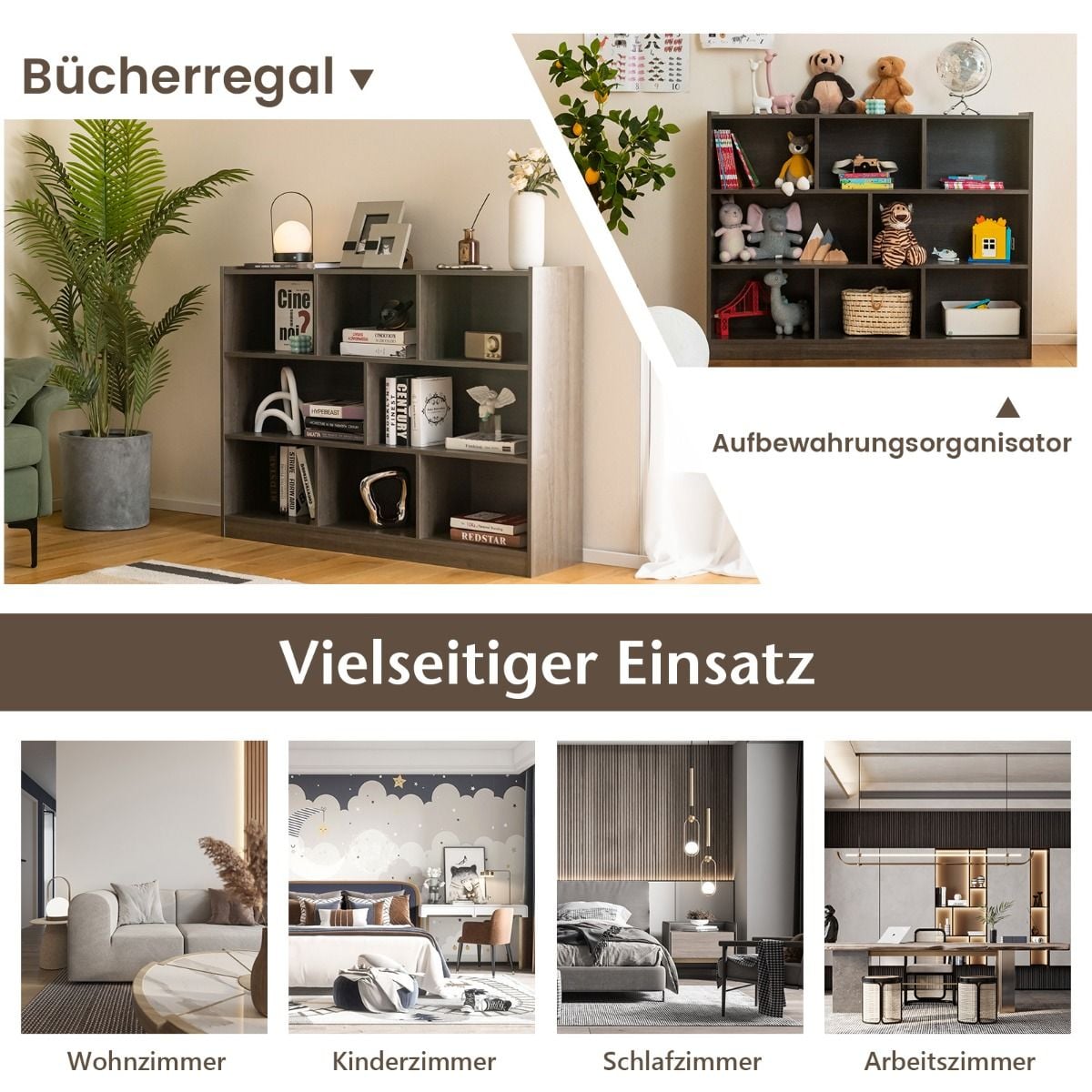 Coast Boekenkast Grijs – Open 3-Laags Opbergrek met 8 Vakken – 122 x 32 x 93 cm
