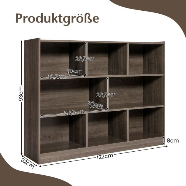 Coast Boekenkast Grijs – Open 3-Laags Opbergrek met 8 Vakken – 122 x 32 x 93 cm