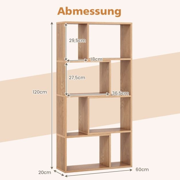 Coast Boekenkast – Vrijstaande 4-Laags Vakkenkast met 8 Compartimenten – 60 x 20 x 120 cm
