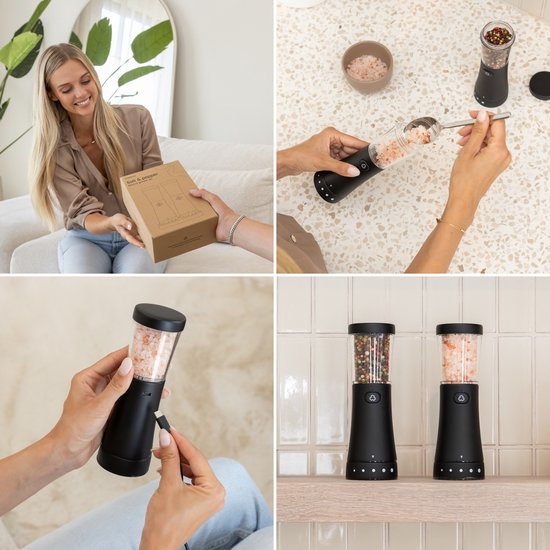 Deleca Elektrisch Peper en Zoutmolen Set Gustaro - 130ml Opslag Capaciteit - Luxe Zout & Pepermolen Stel - Instelbare Maalgraad - USB Oplaadbaar / Zwart