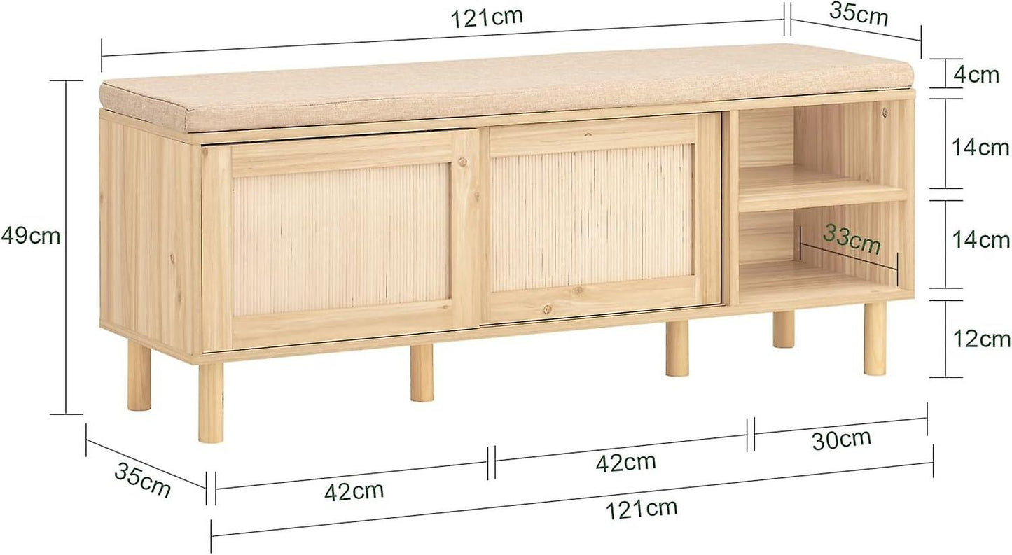 SoBuy Schoenenkast met zitkussen - 2 Schuifdeuren - Landelijk - 1212 x 35 x 49 cm - Bruin