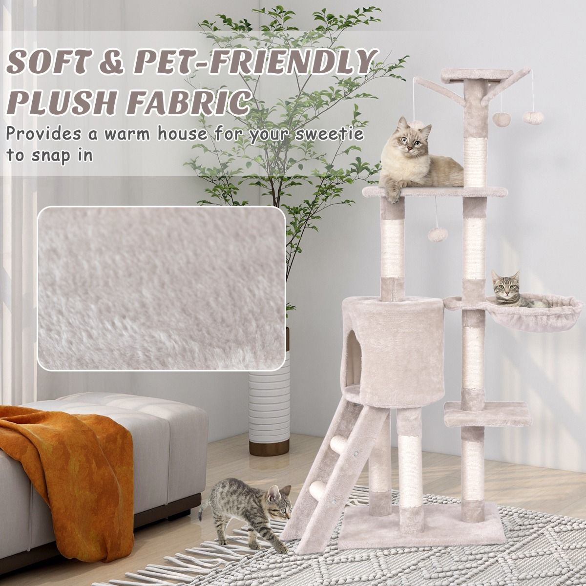 Coast Krabpaal voor katten - 6 verdiepingen - sisalpalen en pluche bekleding - beige - 93 x 36 x 140 cm