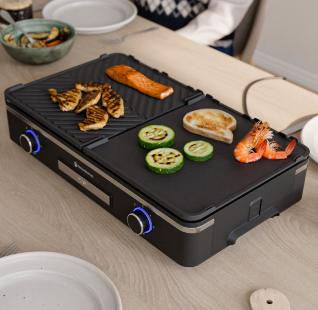 KitchenBrothers Elektrische Grillplaat KB4204 - 2400W - 2 Zones - Geribbeld & Vlak - Zwart - 50x30 cm