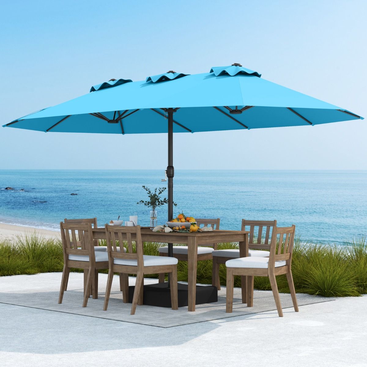 Coast Dubbele Terrasparasol 470x285x261 cm - Turquoise - Verzwaarde Voet met Zwengel - 12 Sterke Baleinen - Rechthoekige Tuin- en Terrasparasol